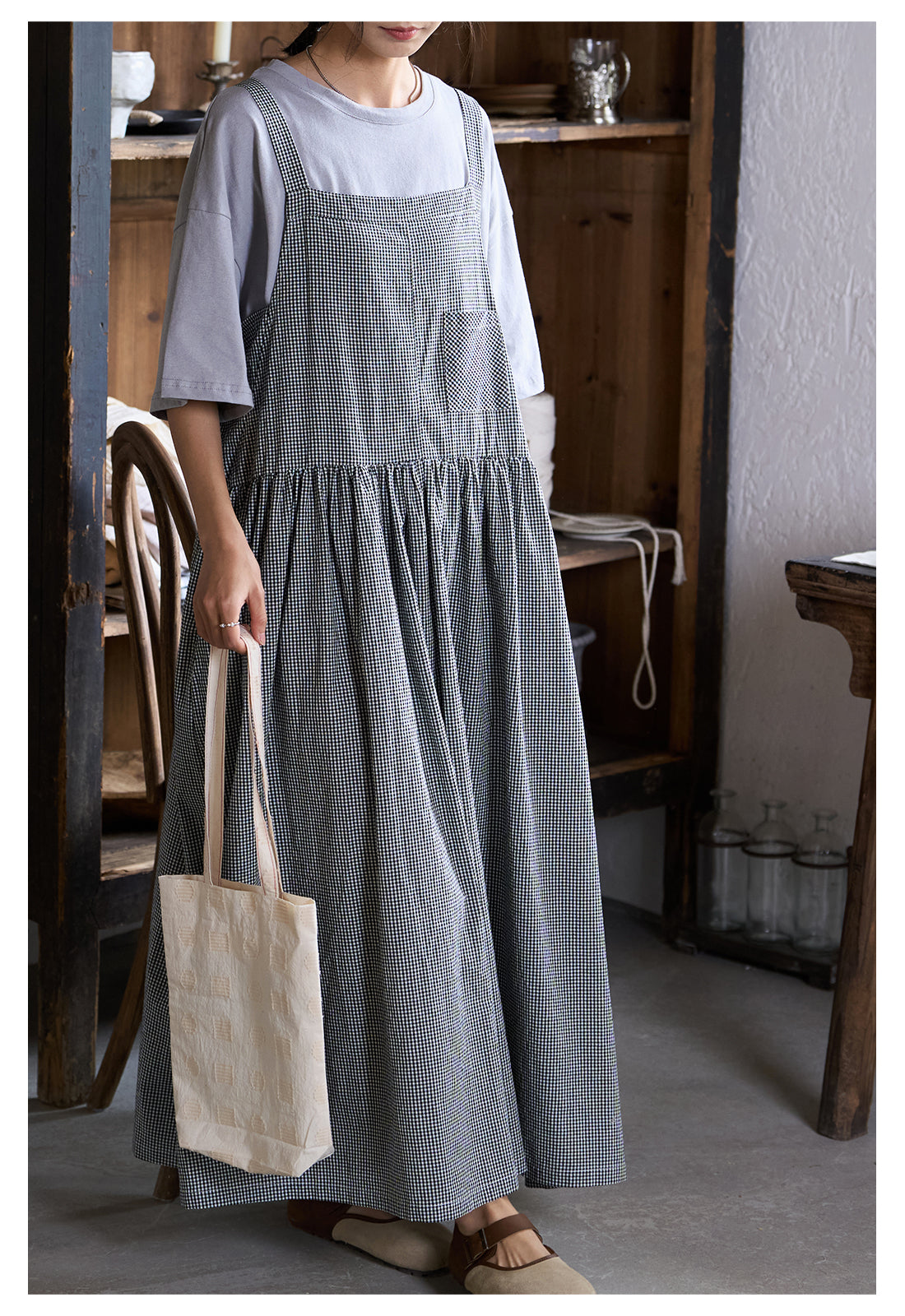 2色展開◇ギンガムチェック ロングエプロン ワンピースドレス
