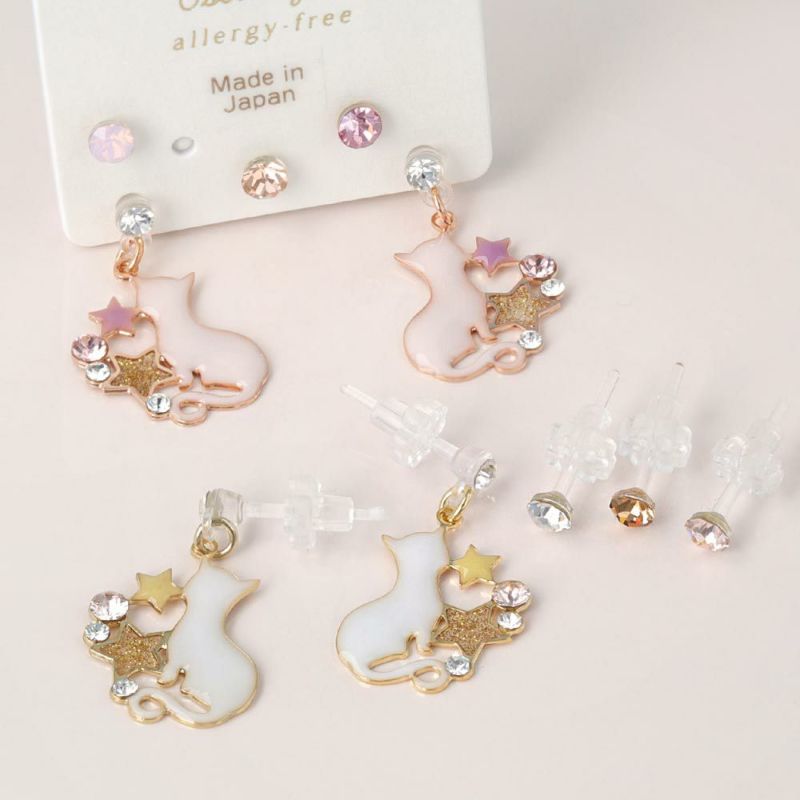 樹脂ピアス ニッケルフリー 猫 星 カラーストーン 5個セット 樹脂