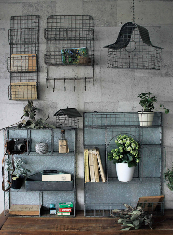 ブリキワイヤー壁掛け7ラック シャビー アンティーク調 アイアン