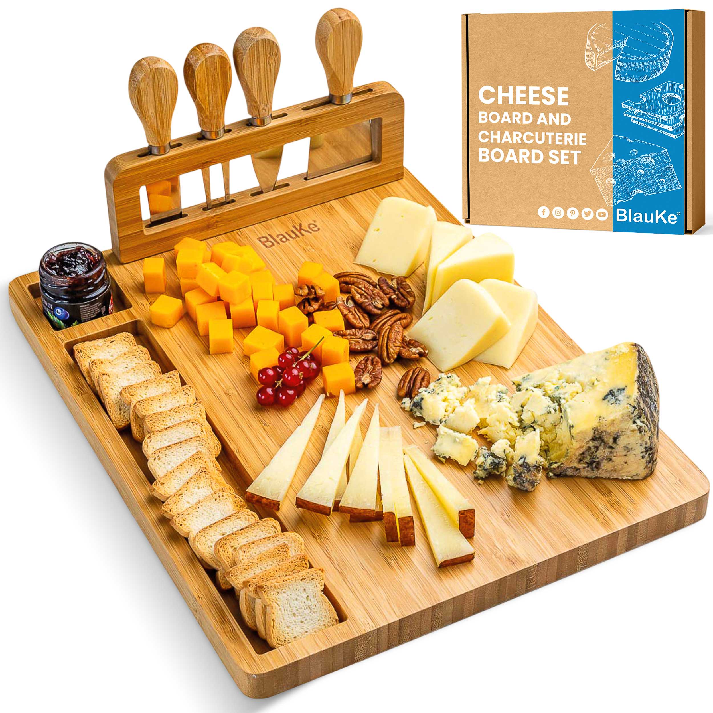 Bamboo Cheese Board and Knife Set - 14x11 inch Charcuterie Board