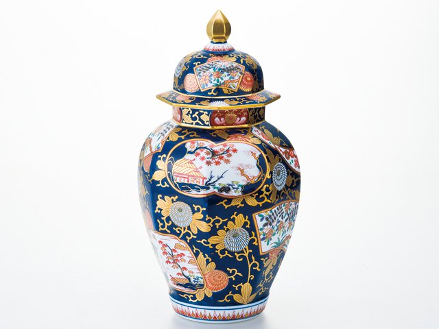 有田焼】蓋付壺 染錦金彩琳派図