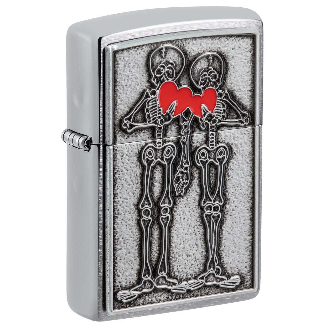 Zippo Lighter: Skeleton Couple Emblem - Brushed Chrome 48688