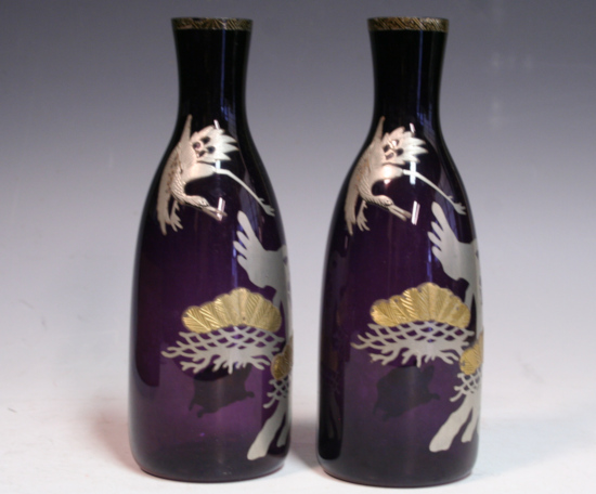 ガラス工芸 鶴亀図 雛徳利 一對 時代箱 縁起物 V R8928 ガラス工芸 鶴