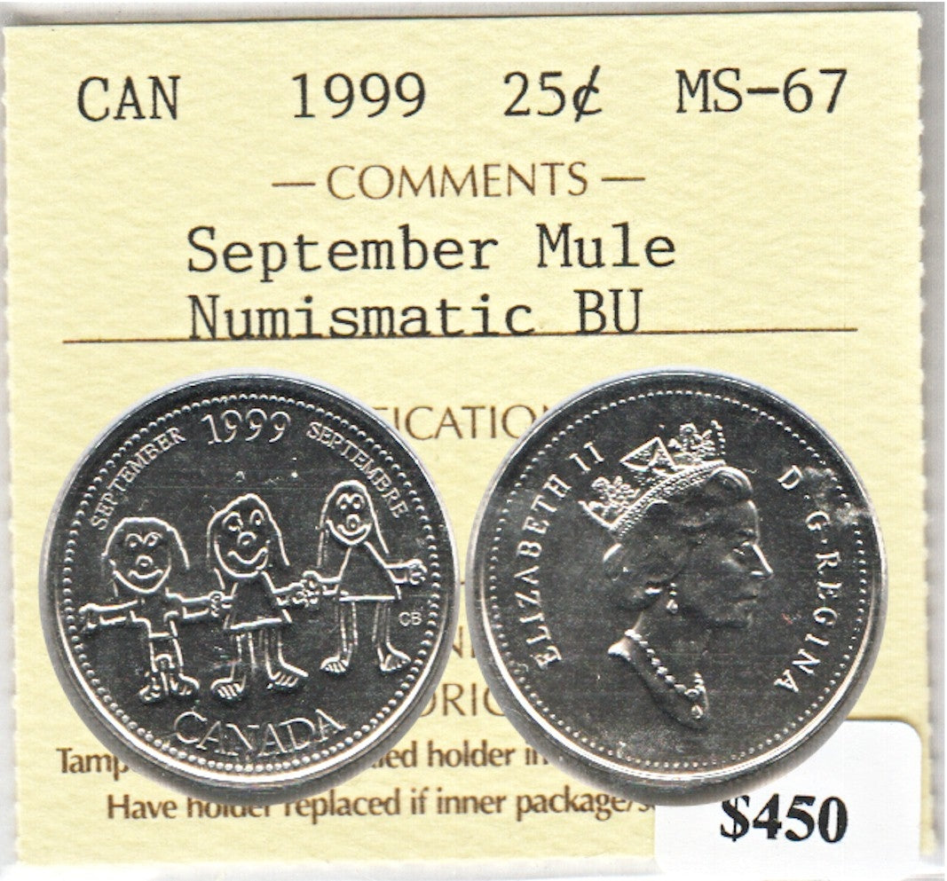 1999 September Mule Canada 25-cents ICCS Certified MS67 NBU