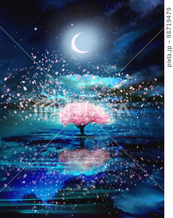 海面に聳え立つ桜満開の桜の木と花吹雪が海面に反射した神秘的な