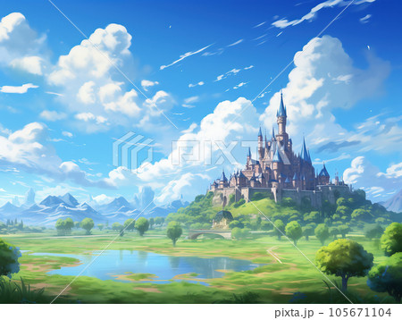 お城のある洋風都市アニメ背景のイラスト素材 [105671104] - PIXTA