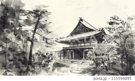 木々に囲まれた静かな日本の寺院の水墨画アートのイラスト素材