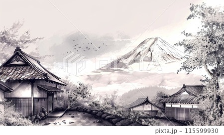 富士山を背景にした伝統的な日本の村の水墨画アートのイラスト素材