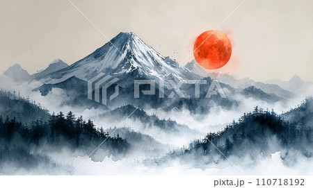 霧のかかる湖上に浮かぶ静かな山々の水墨画のイラスト素材 [110718192