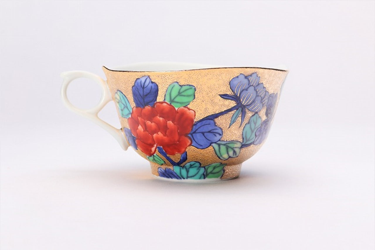 カフェ用品 「コーヒー碗 金彩 牡丹 木箱付」 金龍窯 江口天童 有田焼