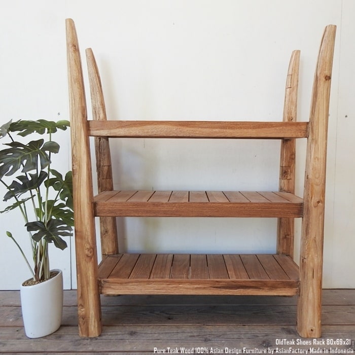 楽天市場】オールドチーク無垢材 3段ラック 高さ80cm 本棚 シューズ