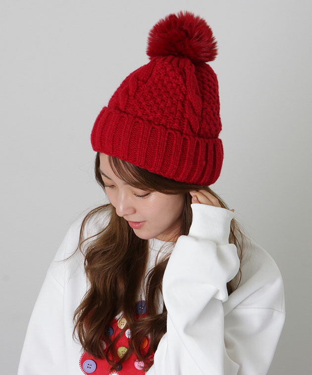 楽天市場】ビッグ ファー ポンポン付き ケーブル ニット ワッチ 女性