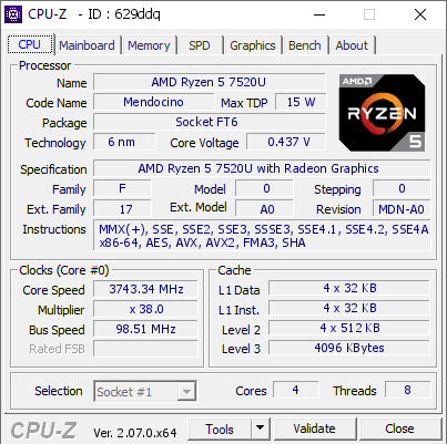 AMD Ryzen 5 7520U @ 3743.34 MHz - CPU-Z VALIDATOR