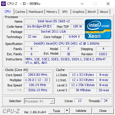 Intel Xeon E5 2603 v2 @ 2003.83 MHz - CPU-Z VALIDATOR