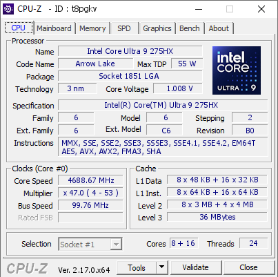 Intel Core Ultra 9 275HX @ 4688.67 MHz - CPU-Z VALIDATOR