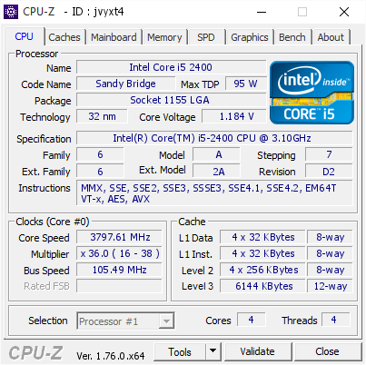 Intel Core i5 2400 @ 3797.61 MHz - CPU-Z VALIDATOR
