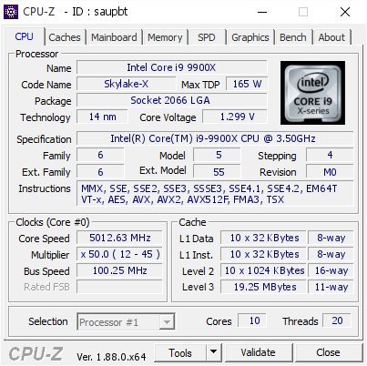 Intel Core i9 9900X @ 5012.63 MHz - CPU-Z VALIDATOR