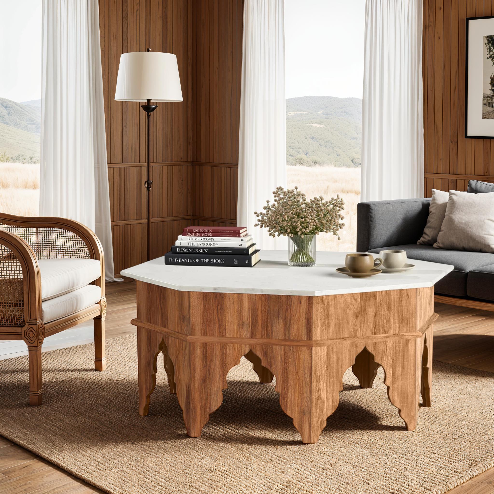 Marble-Top Coffee Table with Carved Wood Base | Wisteria