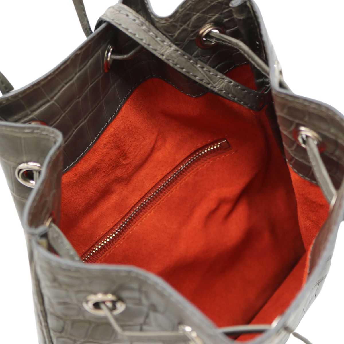 巾着バッグ クロコダイルレザー グレーブラウン/オレンジ 【NEW】