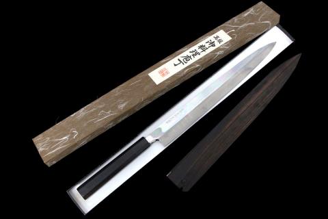 柳刃包丁 本焼 尺一 水野鍛錬所 源昭忠 銀二巻 黒檀柄 黒檀鞘・桐箱付