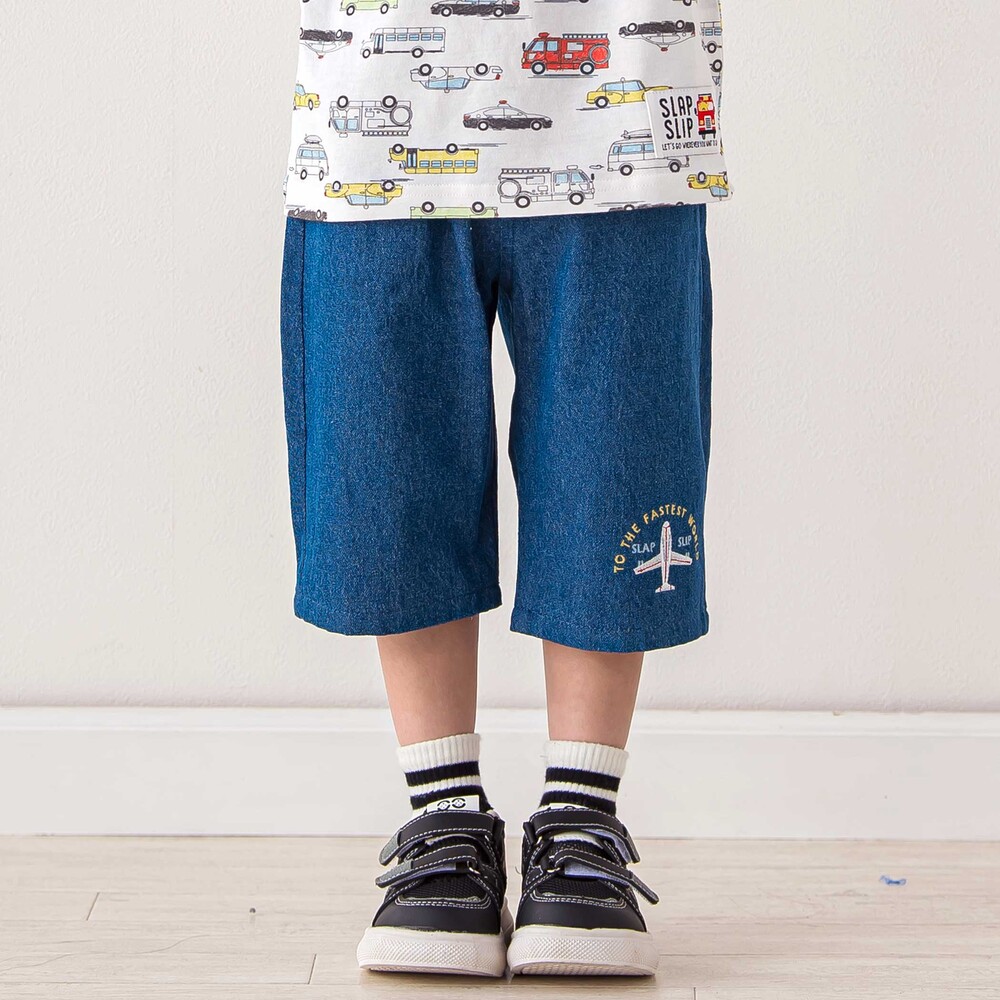 飛行機くるま裾刺しゅうデニムヒッコリー5.5分丈パンツ(80~130cm)(80cm