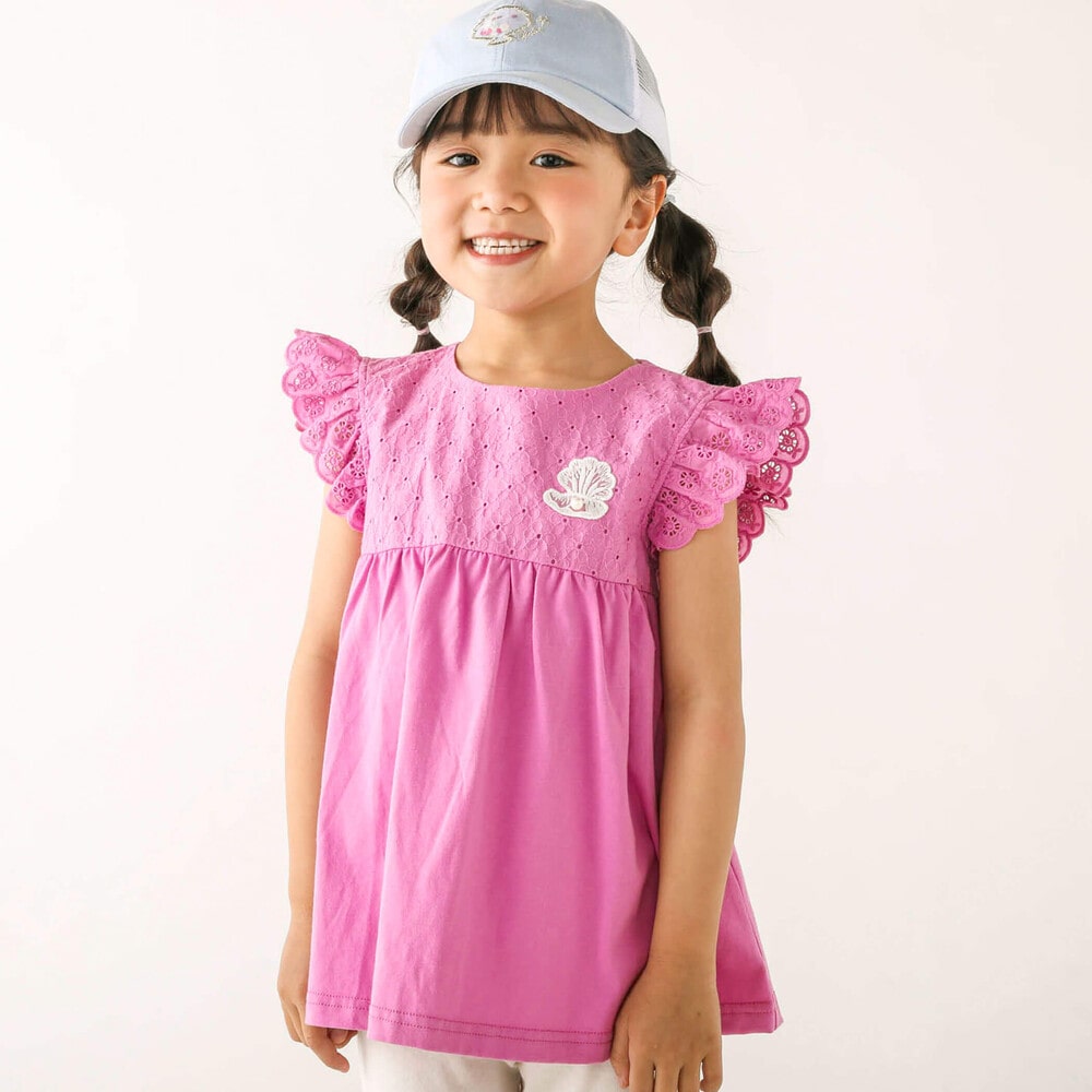 シェルモチーフ肩フリルレース切り替えTシャツ(80~130cm)(80cm ピンク