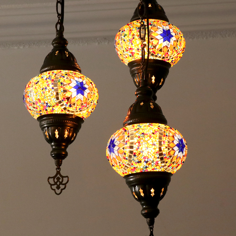モザイクランプ トルコランプ シャンデリア 3灯 オレンジ / ガラタバザール