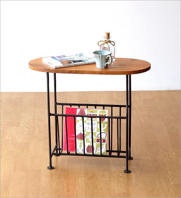 マガジンラック 木製テーブル付き おしゃれ スリム アイアン 雑誌 収納