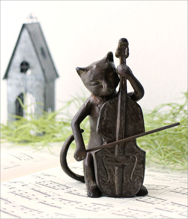 猫 置物 オブジェ チェロ 猫雑貨 真鍮 ブロンズ仕上げ レトロ