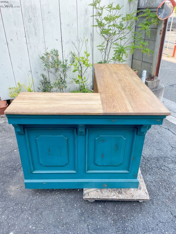 店舗向けアンティーク調L字型カウンターの専門店W1600エイジングブルー