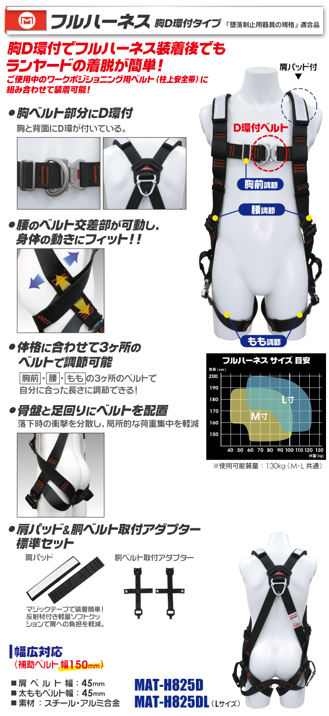 MAT-H825DL フルハーネス 胸D環付タイプ (Lサイズ)｜電設工具の