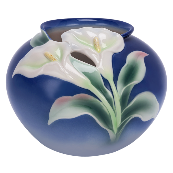 DOUBLE CALLA LILY DESIGN SCULPTURED PORCELAIN ROUND FLOWER VASE