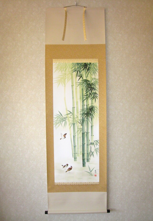 掛け軸 竹に雀◇富岡蘇峰 (特殊工芸作品・新品)