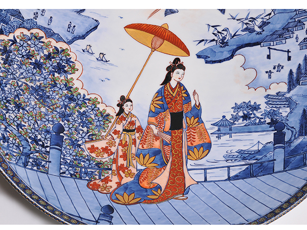 大作 村上玄輝（造）染錦 橋之上絵美人図 大皿 径：47.3㎝ 共箱 | 古