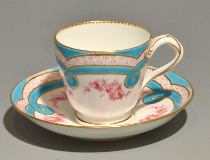 アンティーク ミントン 花文 トルコブルー 金彩 カップ&ソーサー 1800