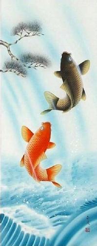 大西南渓 夫婦鯉の瀧昇り 尺五立！ 昇り鯉 - 掛け軸（掛軸）販売通販