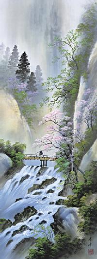 彩色山水 桜花爛漫 小林秀峰 （趣粋会）尺五【大特価】 日本製 山水画