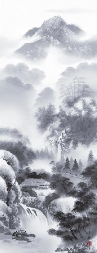 水墨山水「閑雅悠景」 長江桂州 （尺五） 日本製 山水画 - 掛け軸