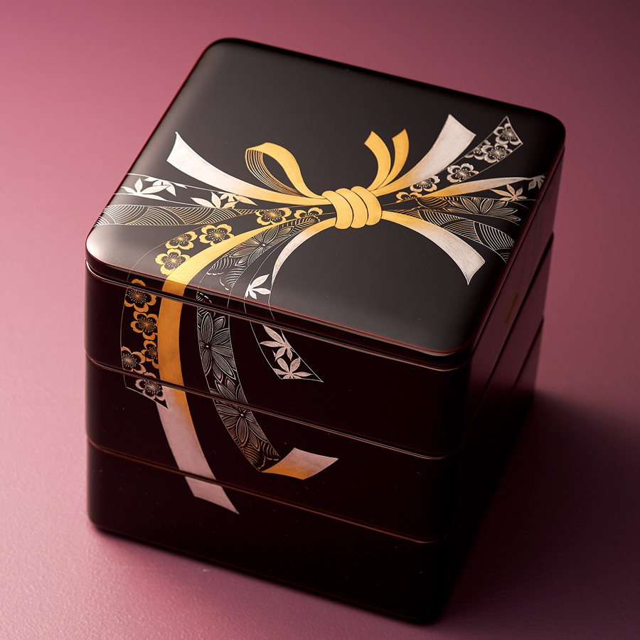 三段重 沈金のし 溜内朱 6.5寸 漆塗り 木製 漆器の井助