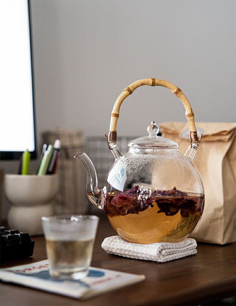 IwaiLoft ガラスケトル 900ml 耐熱 ガラス ティーポット 竹の持ち手