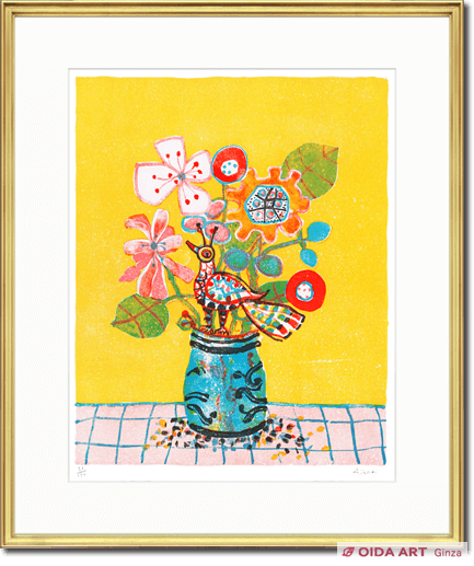 アイズピリ ピンクのテーブルの花束と鳥 | 絵画など美術品の販売と買取