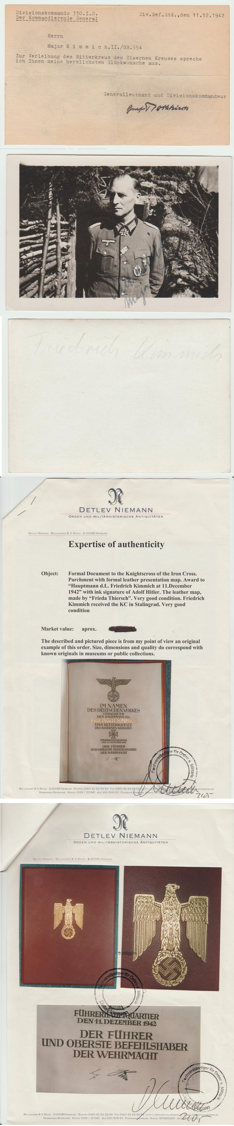 Friedrich Kimmich's Knights Cross Formal Award Document