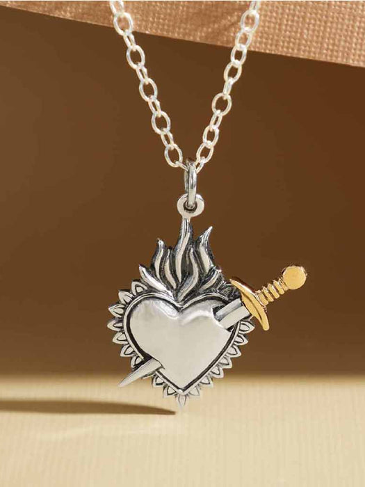 Sacred Flaming Heart Sword Necklace | Sterling Silver Pendant