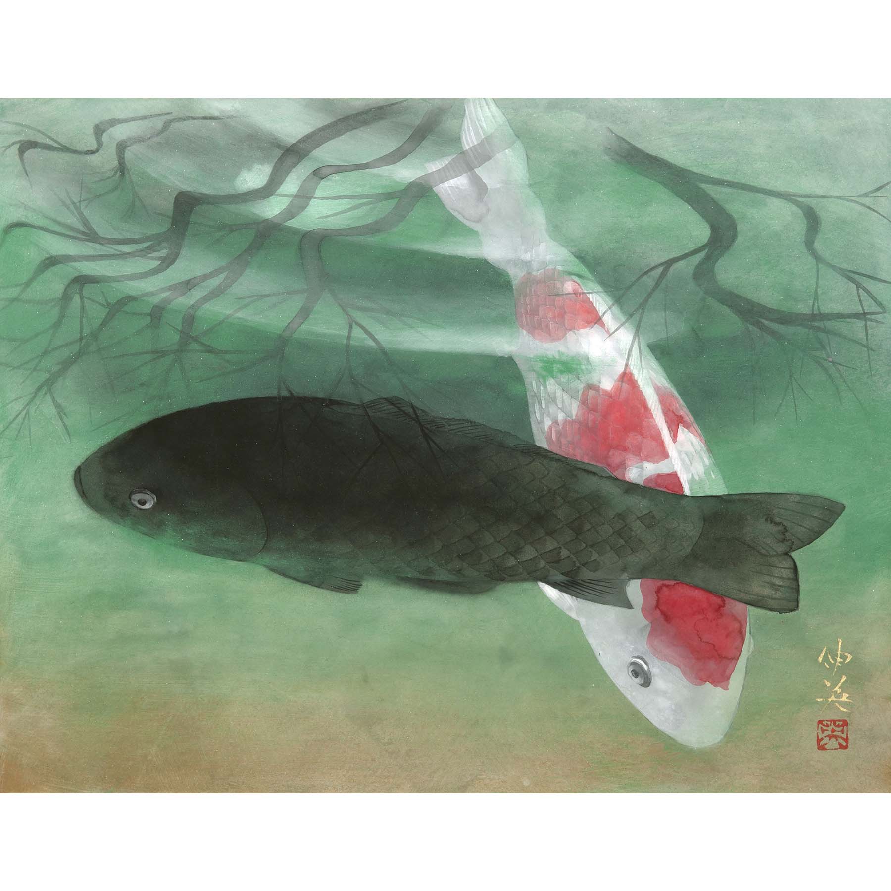 境内の鯉（日本画） | ギャラリーまきの 信州の木製品と美術工芸品販売