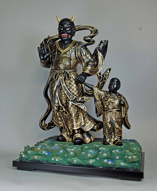 木彫仏像 鬼形鬼子母神立像 総高45cm 桧材黒地截金仕上 木彫仏像の