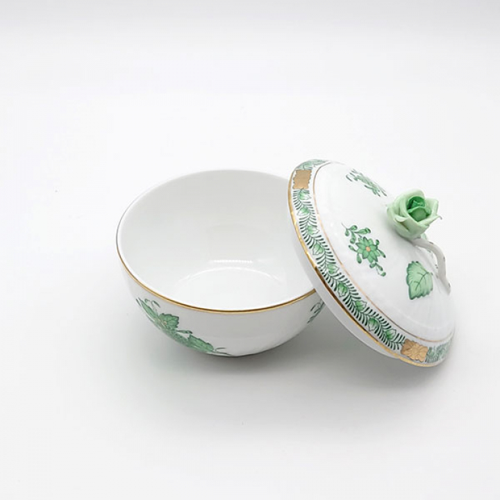 ヘレンド アポニーグリーン ボール蓋付10cm 薔薇 AV-1475-0-09 | 洋食