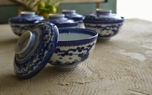 Antique Sam's Collection染付印判唐子紋蓋付茶碗