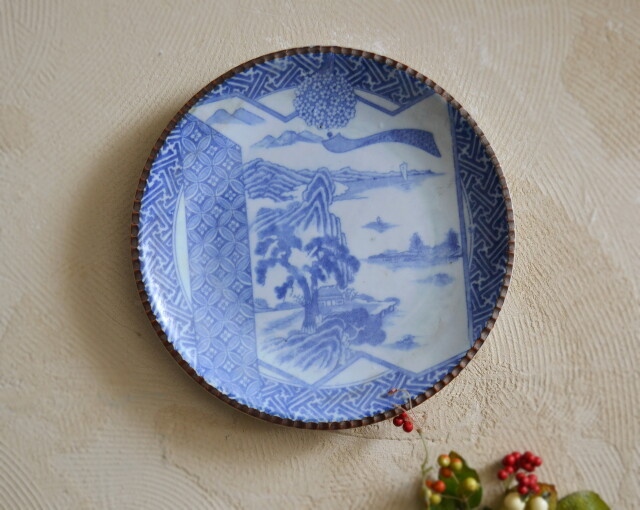 印判染付大皿 花風鈴図 A290mm B315mm 大皿 オードブル皿 飾り皿