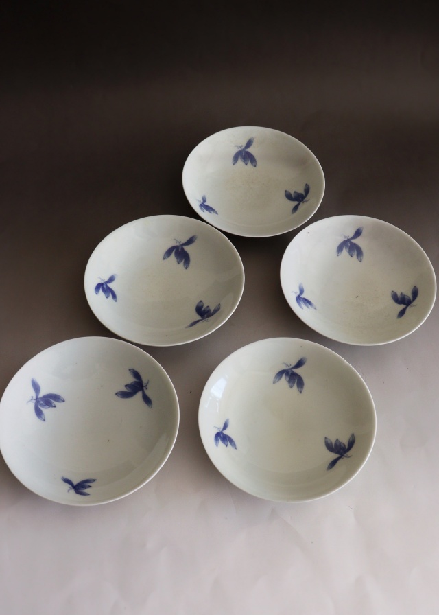 染付手書き花図16cm皿 5枚組 取り皿 盛皿 中皿 プレートAntique