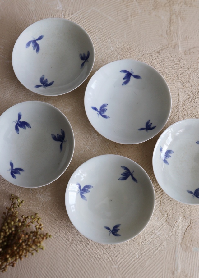 染付手書き花図16cm皿 5枚組 取り皿 盛皿 中皿 プレートAntique